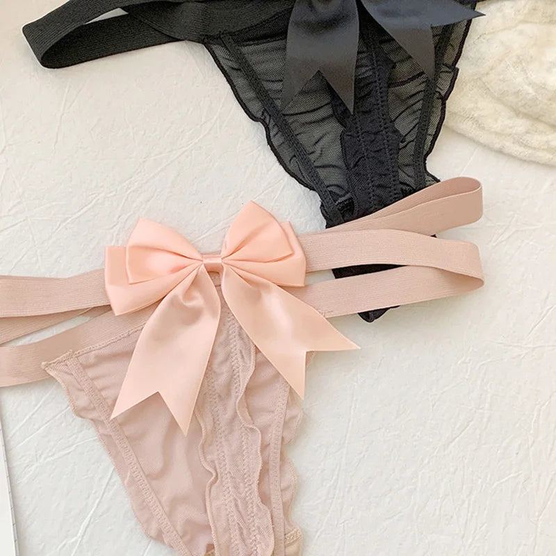 Lace Sexy Girls Briefs Women Panties Seamless Bowknot G String Thong Underwear Low Waist Female Adjustable Lingerie