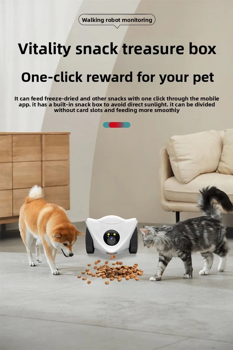 Intelligent pet feeder can be remotely controlled equipped with a camera capable of moving communication and featuring a laser