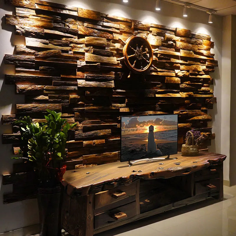 Wallpapers Home Decor Partition Black Walnut Wood Mosaic TV Background Wall Weathered Finish Eco-Friendly Rustic Style