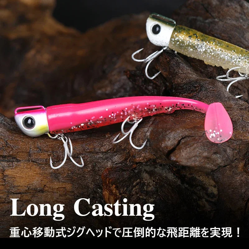 TSURINOYA Sinking Large Baits 110mm/35g Long Casting Jig Head T Tail Soft Lure Set 2pcs Tail Flounder Seabass Fishing Lure