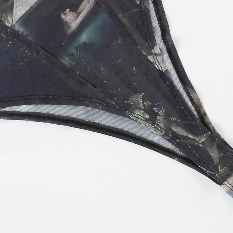 Goth Dark 90s Retro Print Mesh Long Sleeve Skinny Bodysuits Cyber ​​Y2K Sheer Tops Women Gothic Lace Patchwork Bodysuit Streetwear