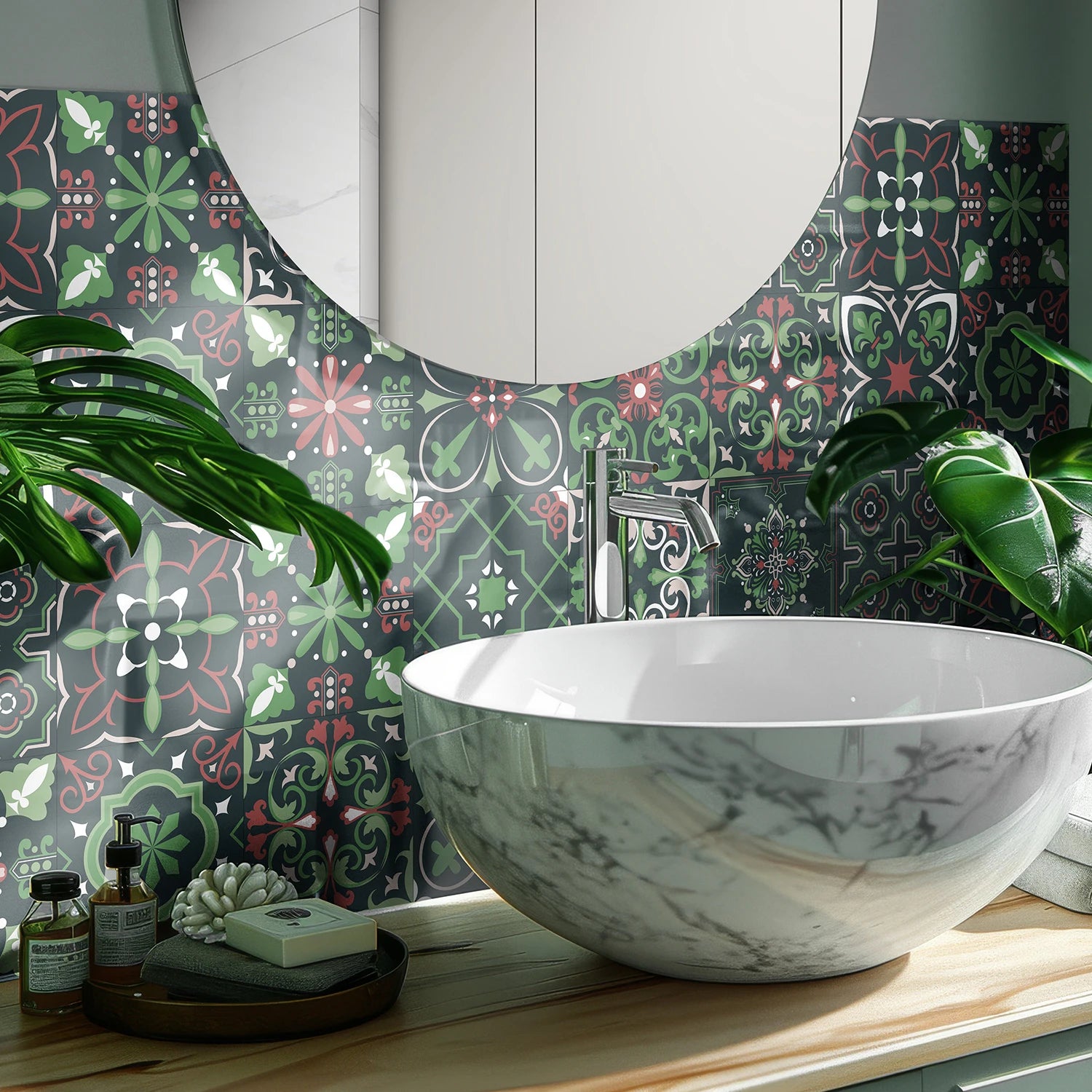 24 pieces of Mandala Pattern Glossy Self-adhesive Tile Stickers for Kitchen and Bathroom Removable Waterproof 3D Wall Decal
