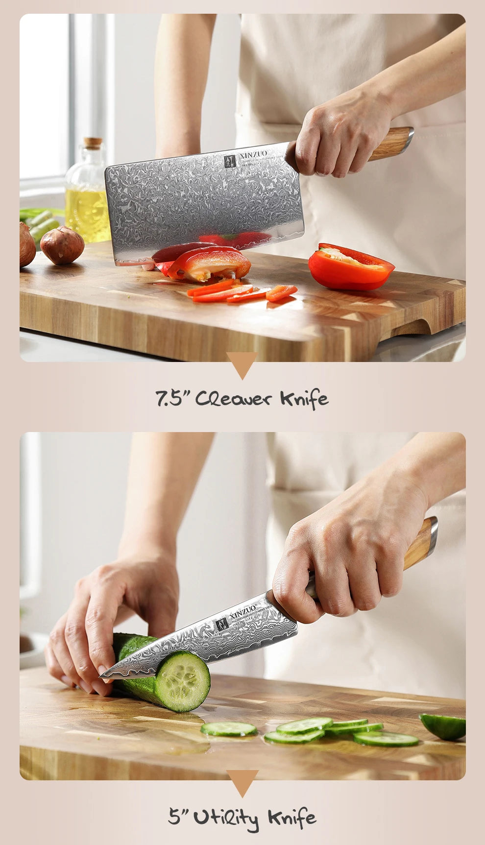 XINZUO 1-8pcs Kitchen Knife Set 73 Layers Custom Damascus Steel 15°±1 Per Side Steel Blade with Olive Wood Handle - Daisan Mart