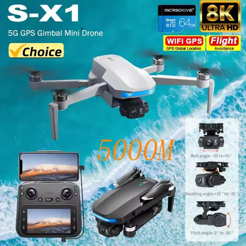 2025 S-X1 Mini Drone with Large Screen 3-Axis Gimbal Anti-Shake 5G GPS HD EIS Cameras Brushless Aerial Drone RC Quadcopters Toys