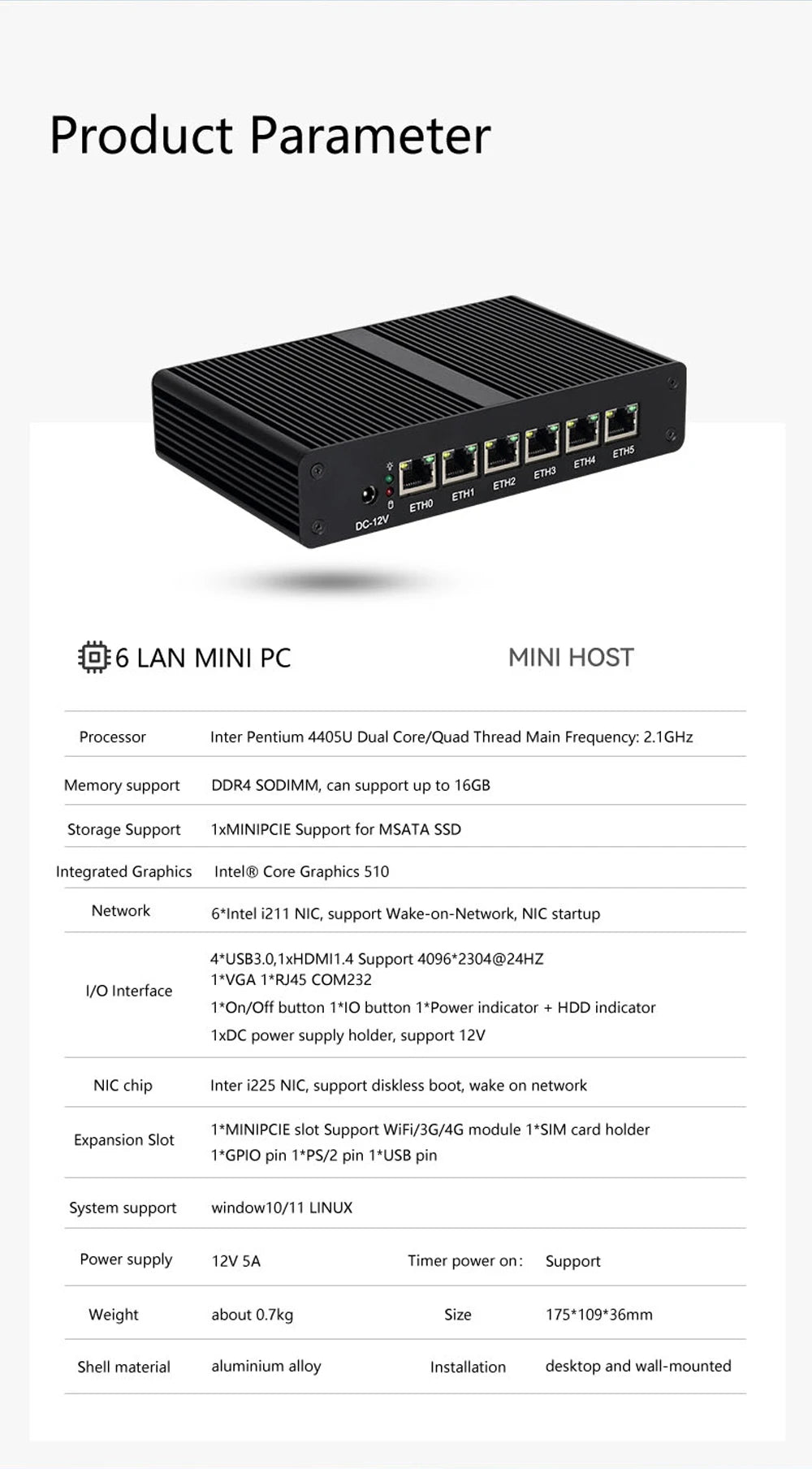 BEBEPC Fanless MINI router  Intel 4405U 6*LAN i211 NICS 1*RS232 3/4G module pfsense firewall soft VPN sever Linx win10/11 pc - Daisan Mart