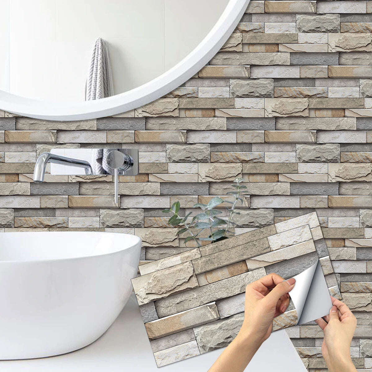 6Pcs 3D Self-Adhesive Wall Sticker 30x15cm Oil Proof Waterproof Brick Stone Imitation Brick Tile Stone Particle Wallpaper Decals