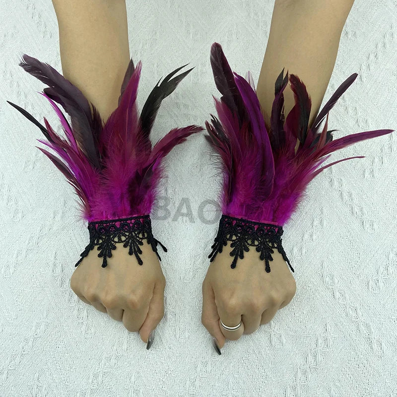 Natural Feather Sleeve Cuffs Gloves Party Cosplay Lace Wrist Cuffs Fur Sleeve Furry Accessories Carnival Stage Show Costume - Daisan Mart