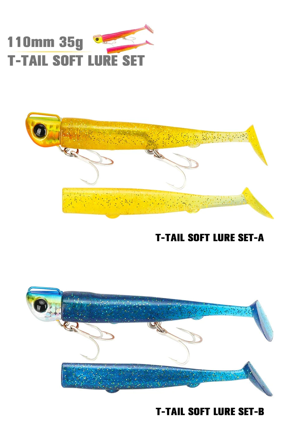 TSURINOYA Sinking Large Baits 110mm/35g Long Casting Jig Head T Tail Soft Lure Set 2pcs Tail Flounder Seabass Fishing Lure