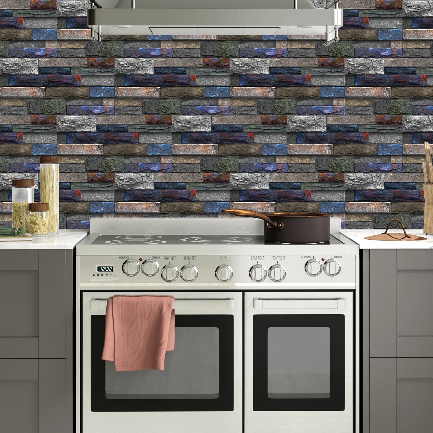 6Pcs 3D Self-Adhesive Wall Sticker 30x15cm Oil Proof Waterproof Brick Stone Imitation Brick Tile Stone Particle Wallpaper Decals