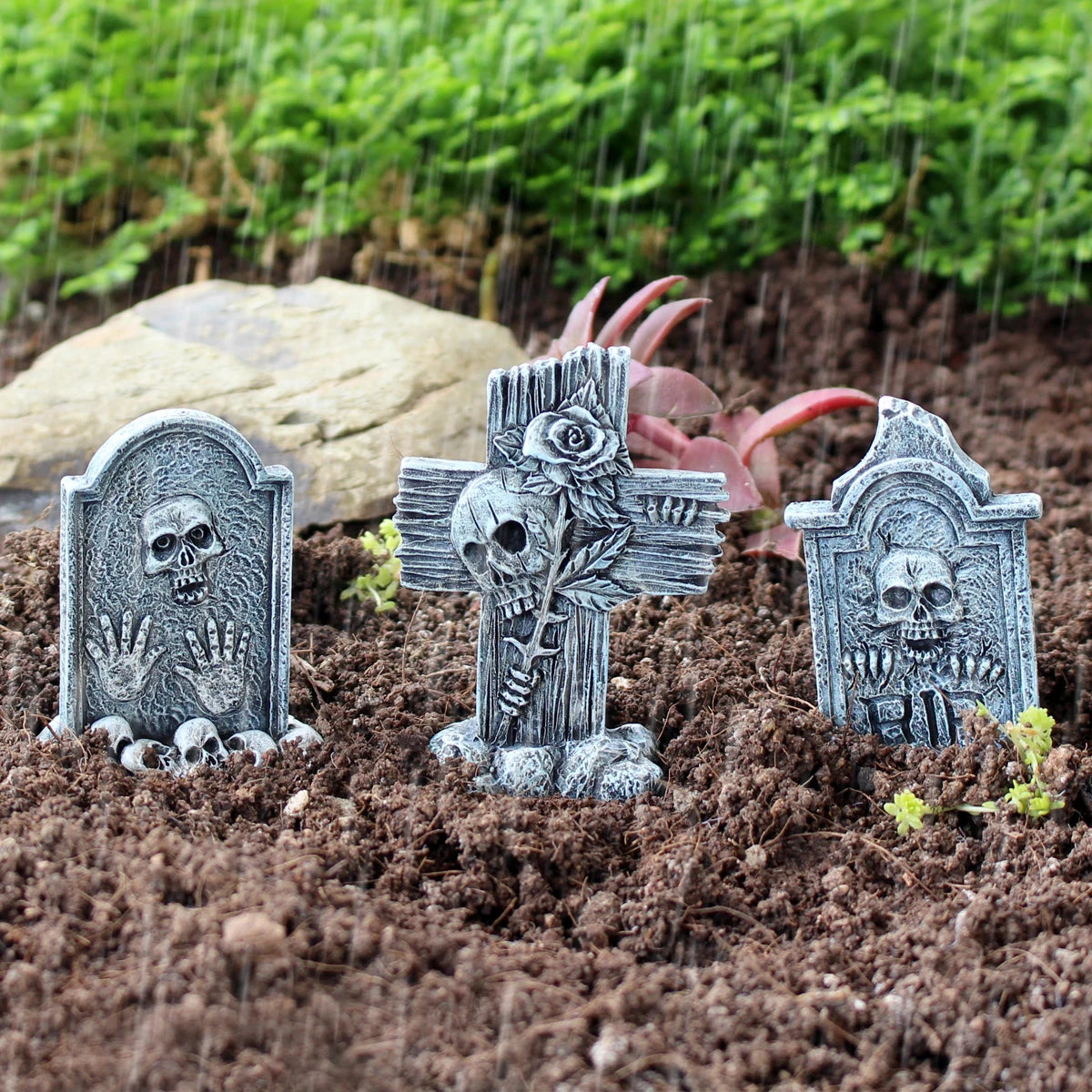 3-piece set of tombstone resin crafts, terrifying decorative statues in courtyard gardens, Halloween decorative statues, bonsai