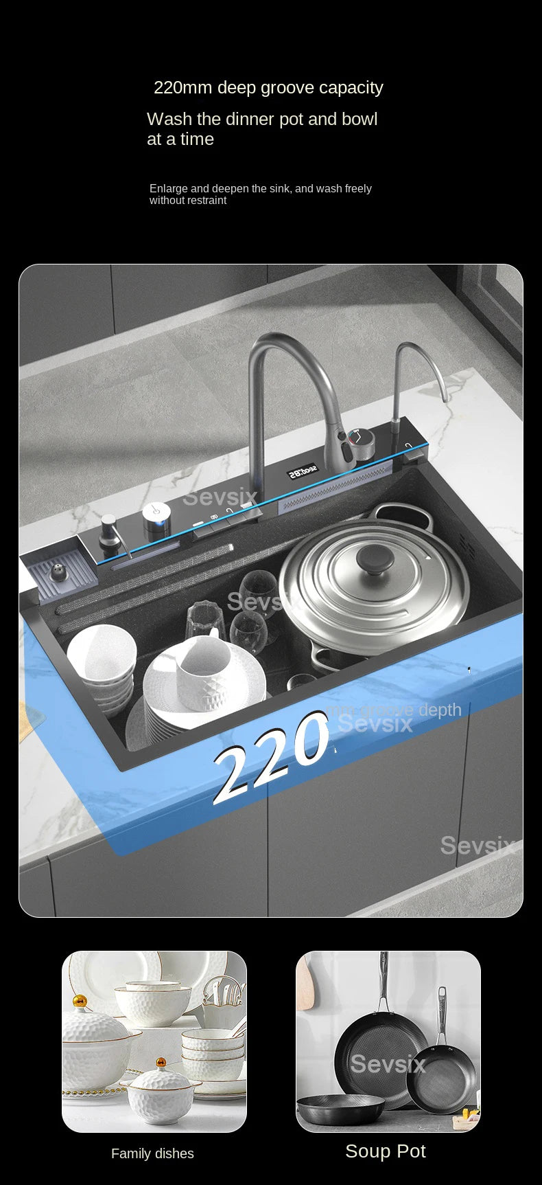 304 Stainless Steel Waterfall Kitchen Sink Large Single Slot Integrated Digital Display Faucet Set Soap Dispenser Cup Washer - Daisan Mart