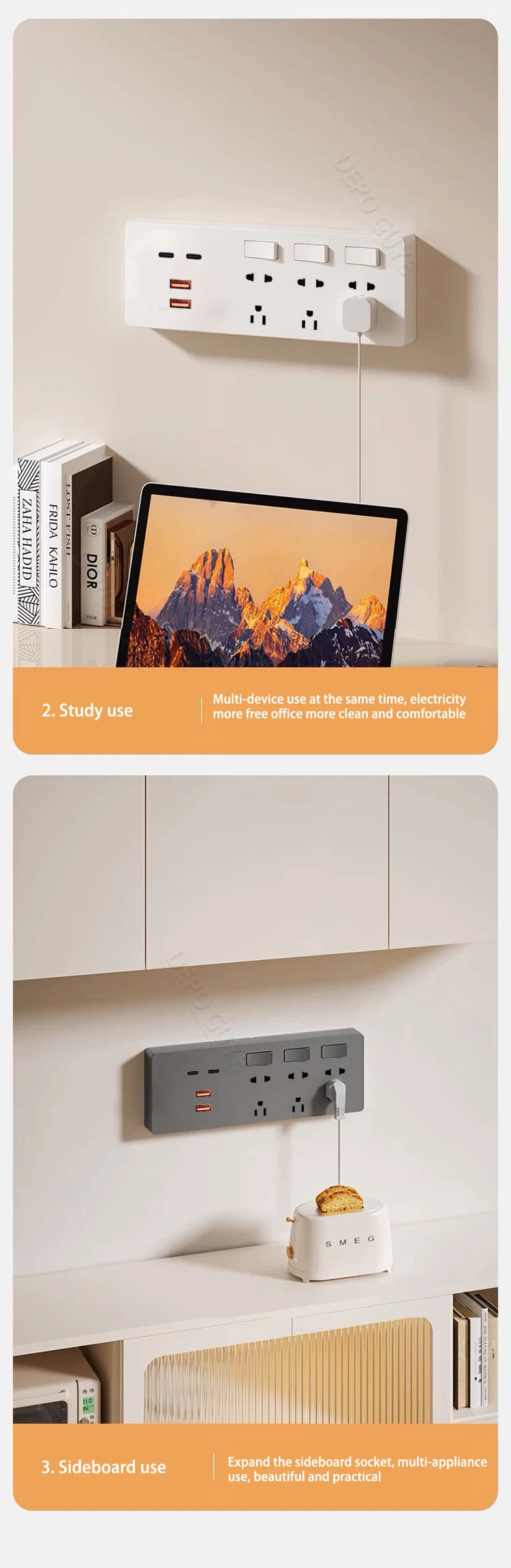 US Mexico Standard Expand Socket,Universal Five Hole 65W Fast Smart Charge USB Port Outlet,UK Wall Power Electric Wall Plug