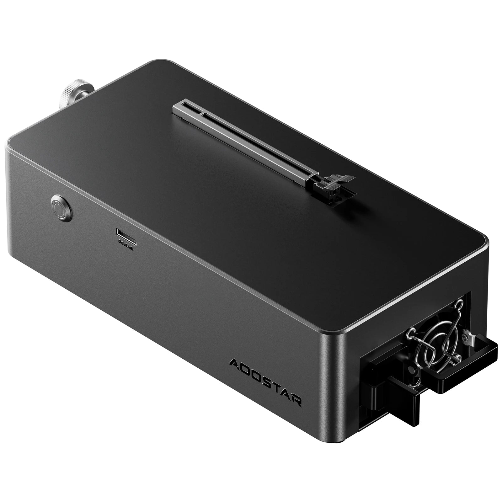 Thiết bị màu đen hình chữ nhật, nút bấm và cổng cắm USB ở mặt bên.