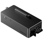 Thiết bị màu đen hình chữ nhật, nút bấm và cổng cắm USB ở mặt bên.