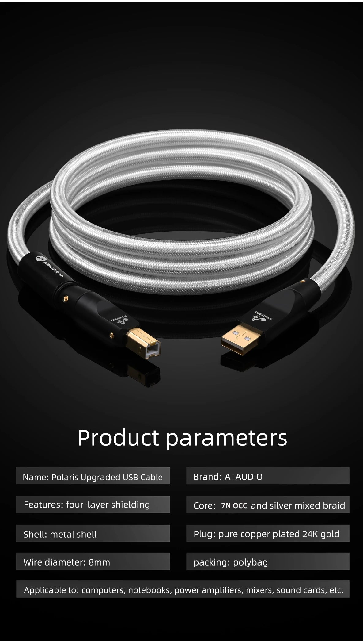 Hifi Upgrade USB Audio Cable Type A to Type B, A-C,C-B, C-C USB Cable OCC Shielded Audio Cable for DAC