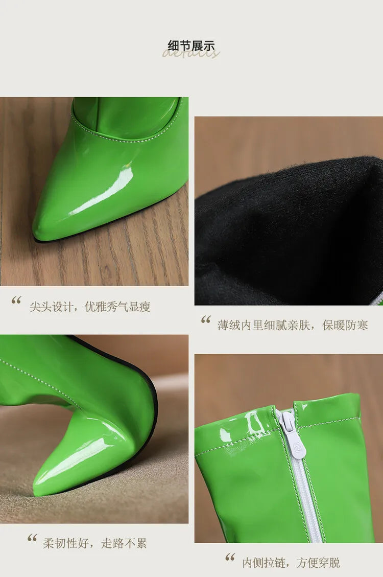 Women's Pointed Toe, Short Cut, Elegant Pointed Heel Patent Leather Boots