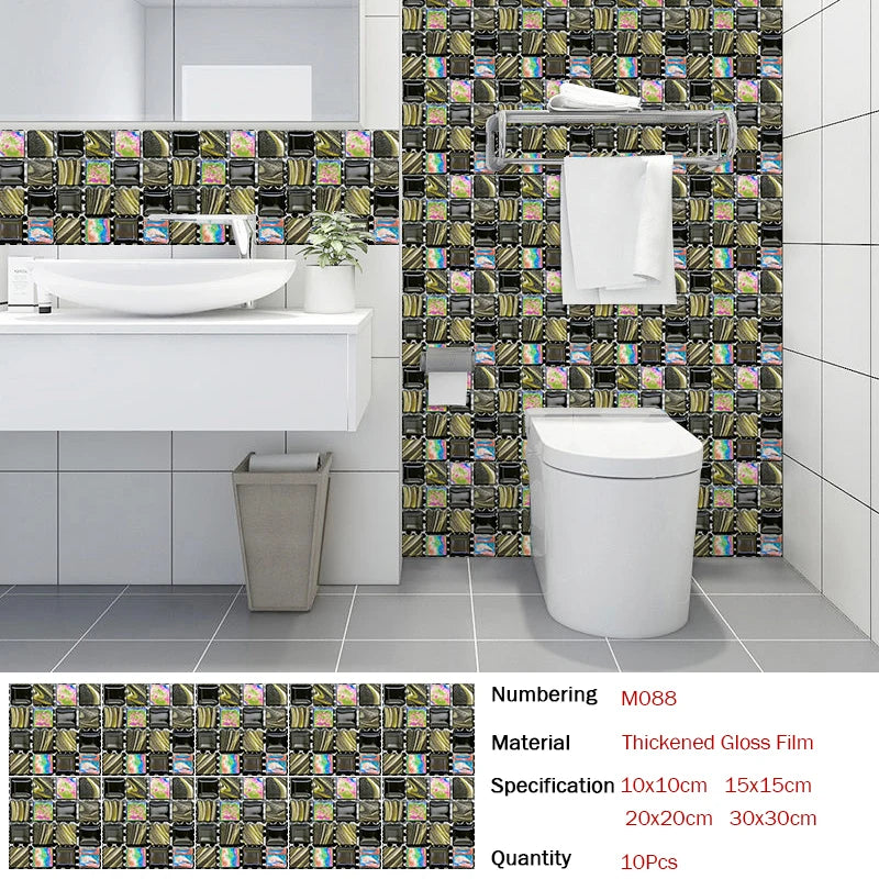 10pcs Flat Mosaic Style Tiles Sticker Kitchen Bathroom Waterproof &amp; Oilproof Art Wall Sticker Peel &amp; Stick Surface Glossy Film