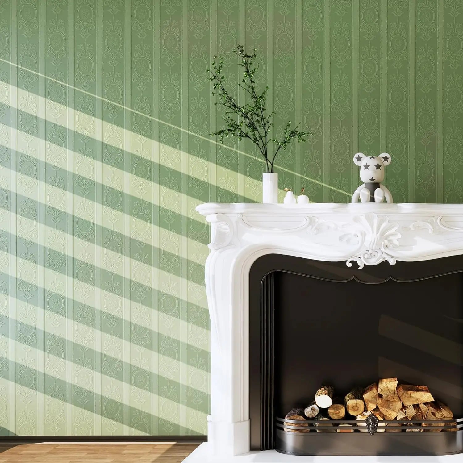 3D Green Embossed Peel and Stick Wallpaper Damask Textured Self Adhesive Wallpaper Modern Floral  Contact Paper for Living Room