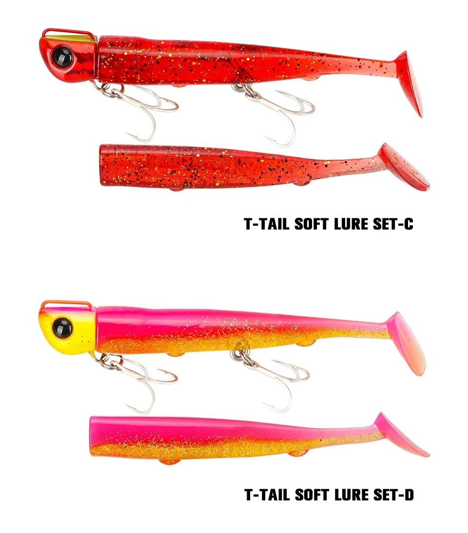 TSURINOYA Sinking Large Baits 110mm/35g Long Casting Jig Head T Tail Soft Lure Set 2pcs Tail Flounder Seabass Fishing Lure