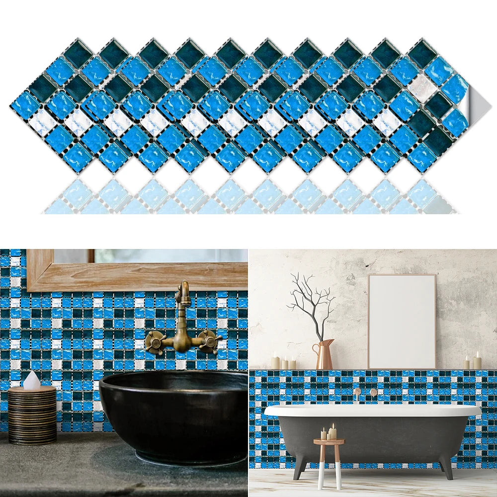 10pcs Flat Mosaic Style Tiles Sticker Kitchen Bathroom Waterproof &amp; Oilproof Art Wall Sticker Peel &amp; Stick Surface Glossy Film