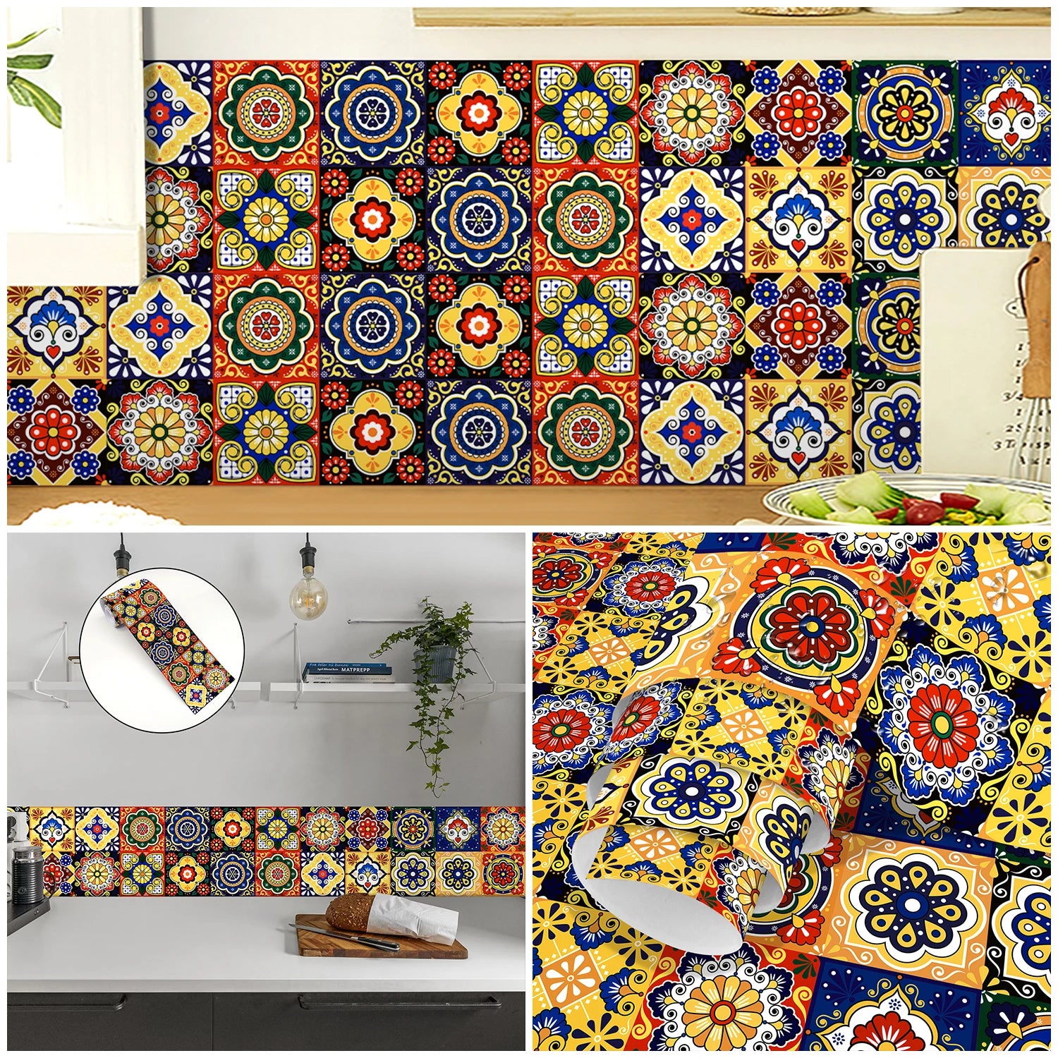 Colorful Mandala Pattern Ceramic Tile Wall Sticker Kitchen BackSplash Bathroom Waterproof Peel &amp; Stick Home Decor Art Wallpaper