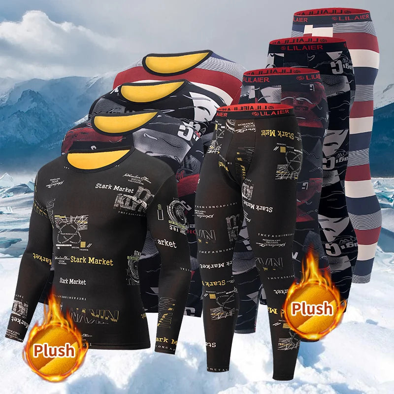 Men's Autumn Winter Velvet Printed Underwear Set Fashion Warm