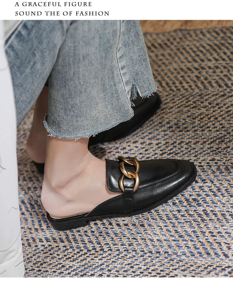 Women's Fashion Mules - Square Toe Black and White Chain