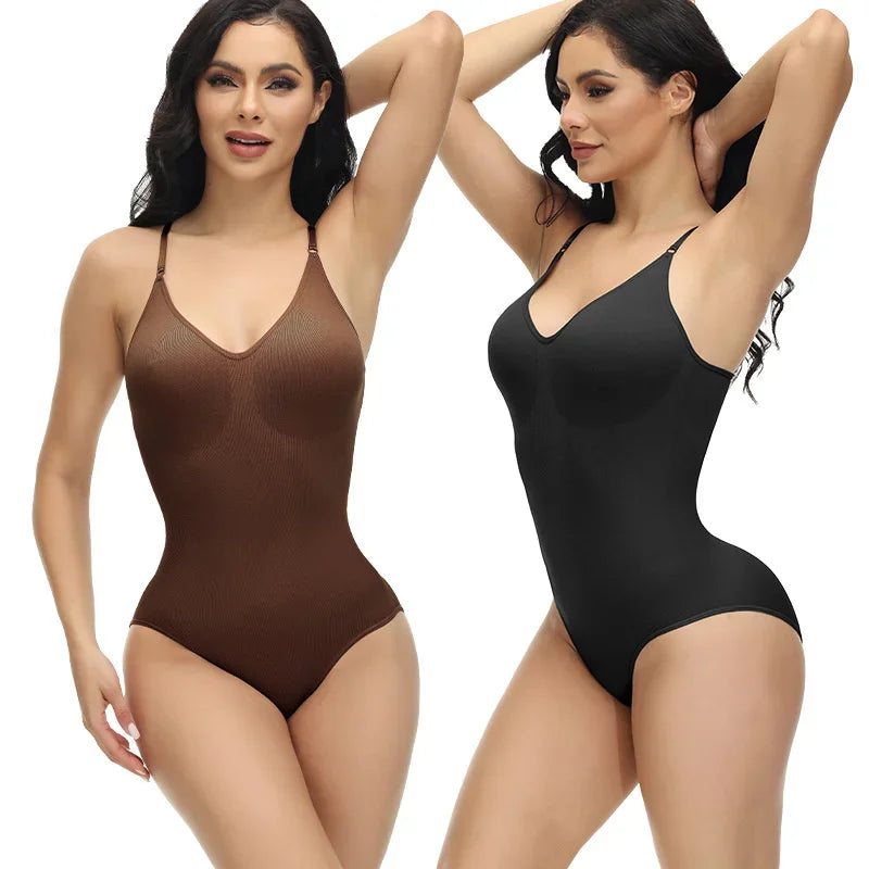 Compression Bodysuit V-neck Slim Straps Ultra-thin Open Back