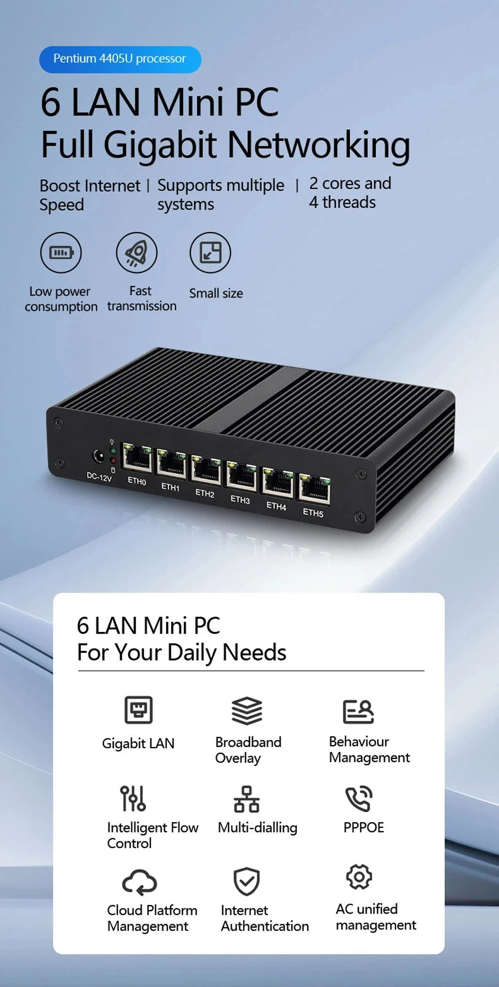 BEBEPC Fanless MINI router  Intel 4405U 6*LAN i211 NICS 1*RS232 3/4G module pfsense firewall soft VPN sever Linx win10/11 pc - Daisan Mart