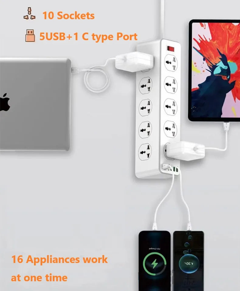 Ổ Cắm Đa Năng 10 Lỗ 4 USB 1 Cổng Sạc Nhanh Type C