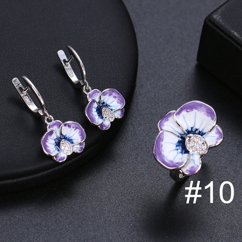 Women's Blue White CZ Zircon Silver Flower Jewelry Set