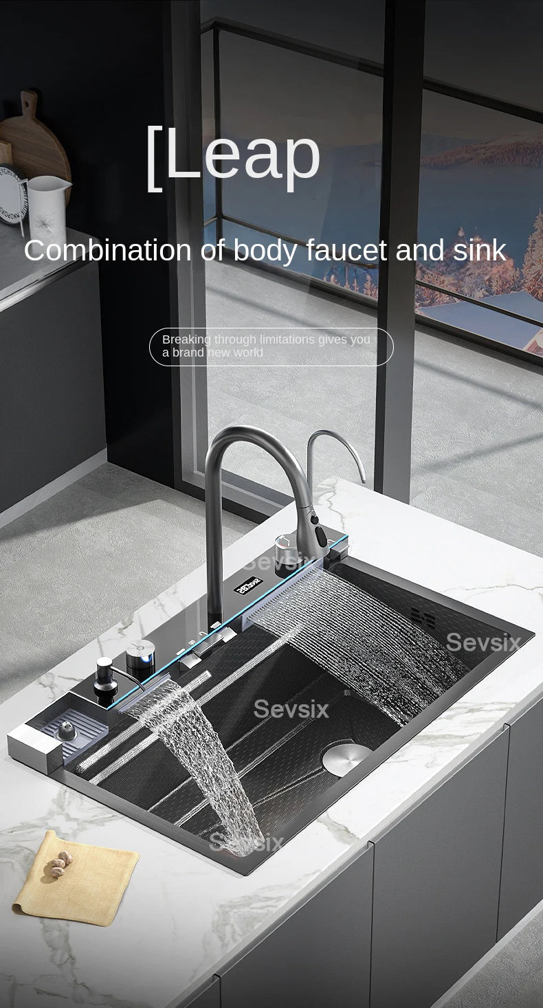 304 Stainless Steel Waterfall Kitchen Sink Large Single Slot Integrated Digital Display Faucet Set Soap Dispenser Cup Washer - Daisan Mart