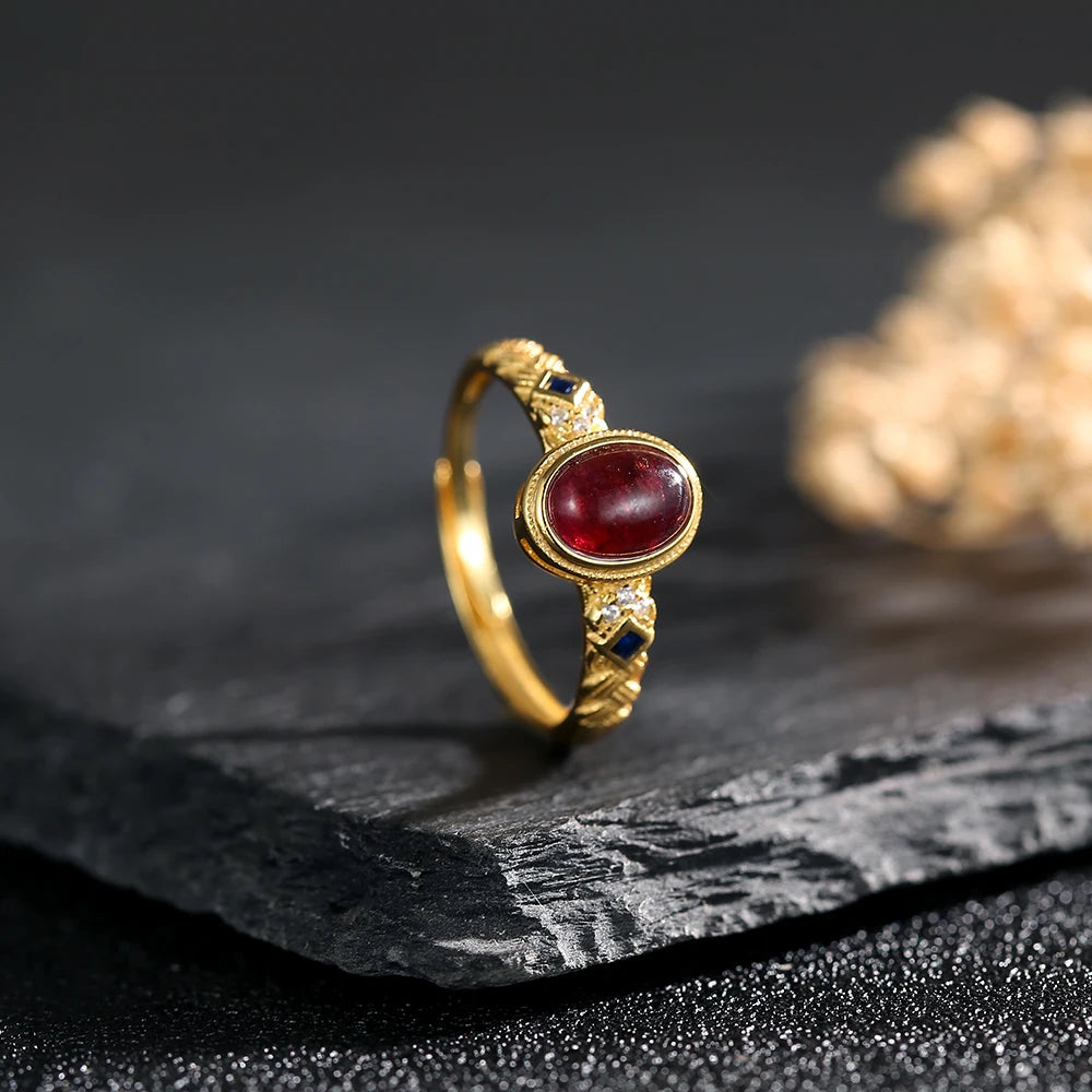18K Retro Natural Garnet Halo Ring
