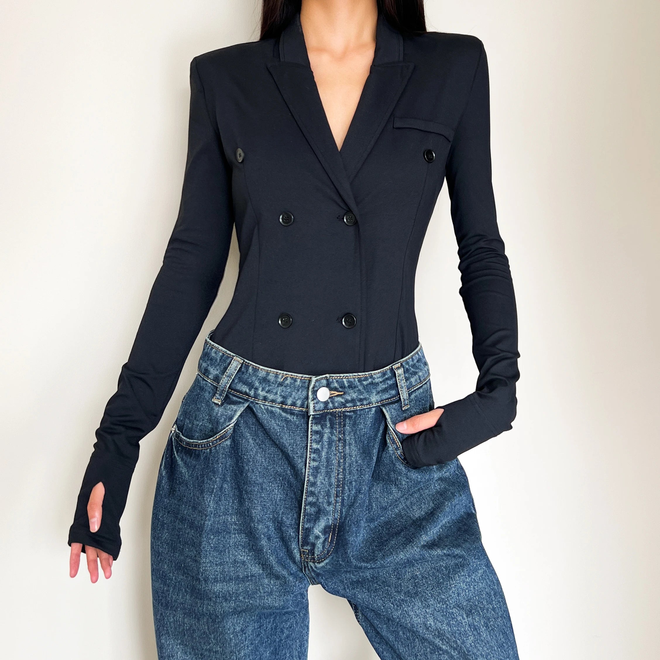 Women's Black Body Retro 2025 Long Sleeve Sexy Vest Collar