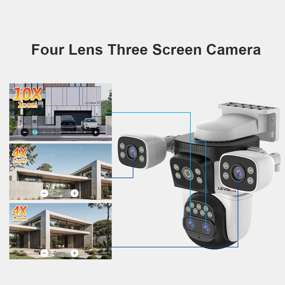 Camera An Ninh 4 Mắt, Zoom Quang 10X, 3 Màn Hình, 20MP