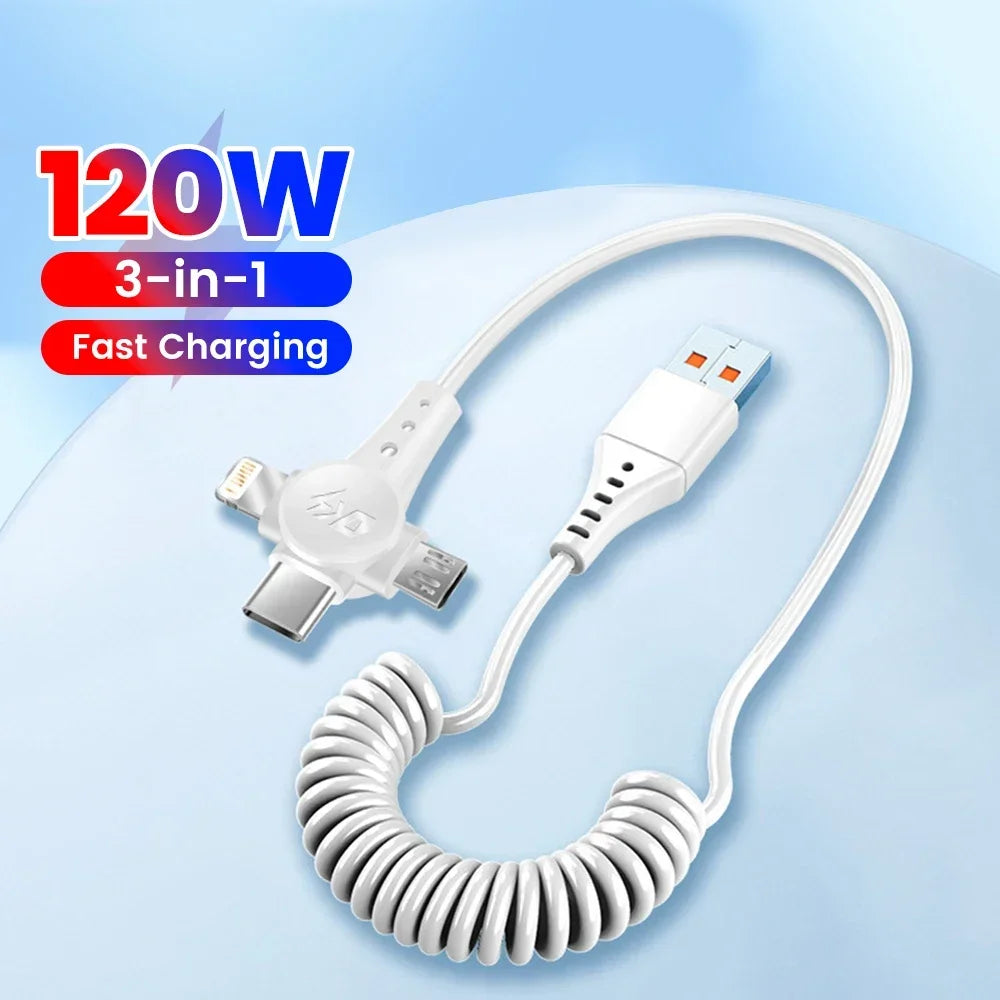 Cáp sạc xoắn ốc trắng, 3 đầu kết nối, chữ "120W 3-in-1 Fast Charging" trên nền xanh dương nhạt.