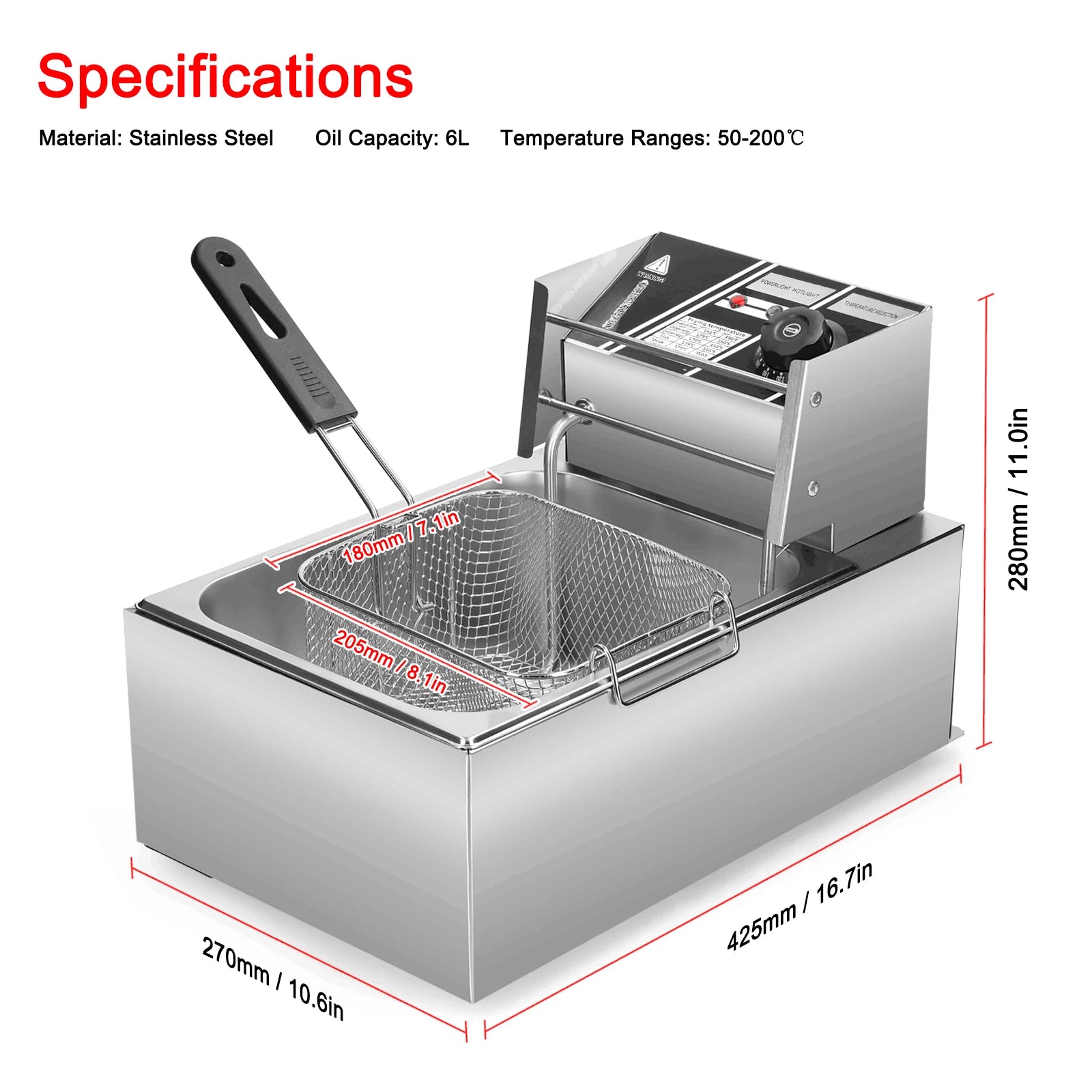 Aoresac 6L Electric Deep Fryer with Removable Oil Filtration Basket 1500W Stainless Steel Automatic Thermostatic Fish Frye