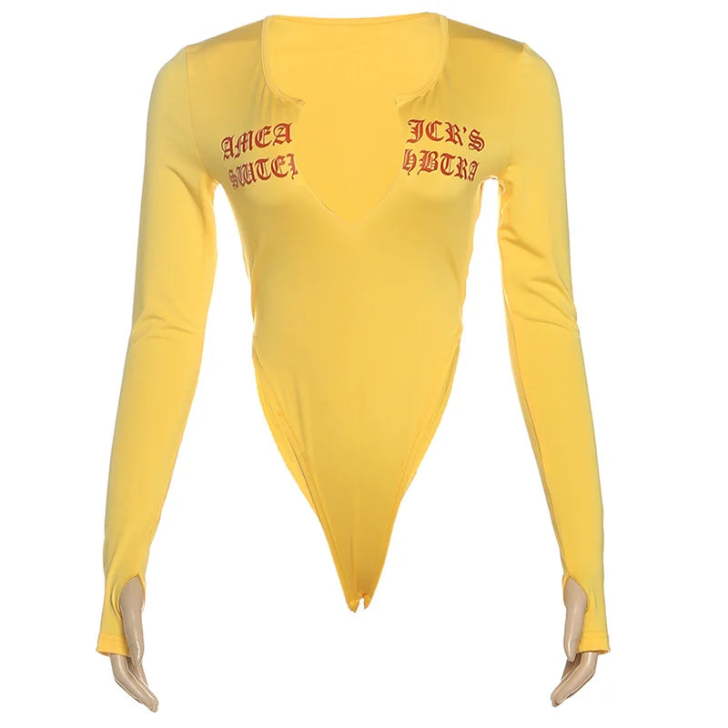 Kliou Letter Print Bodysuits Woman Autumn Trend Low-Neck Full Sleeve Skinny Stretch Hot Girls High Street Style Classic Tops