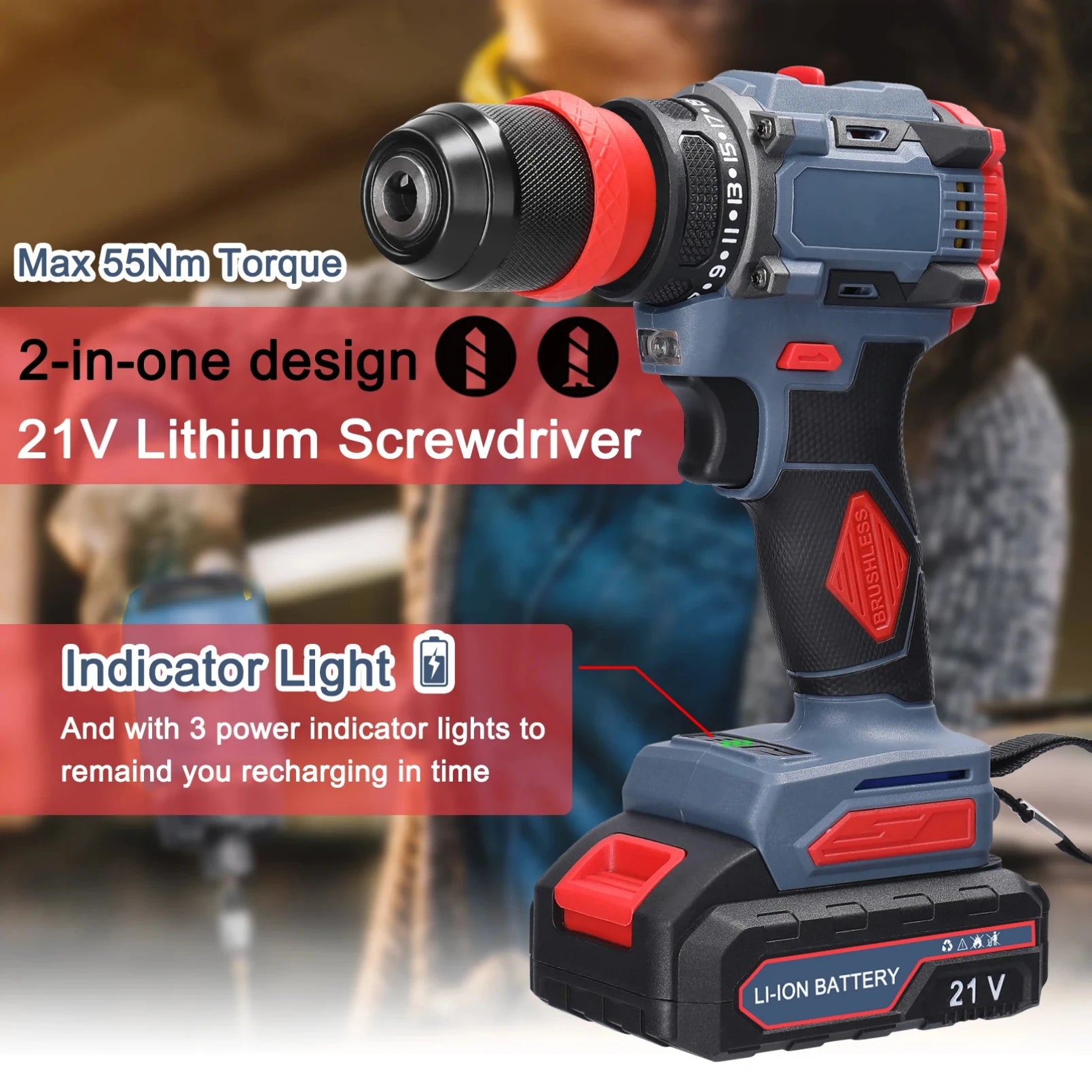 21V 2in1 Electric Drill Rechargeable Screwdriver 55Nm Torque Brushless Screwdriver Practical Screw Driver Repairing Power Tool