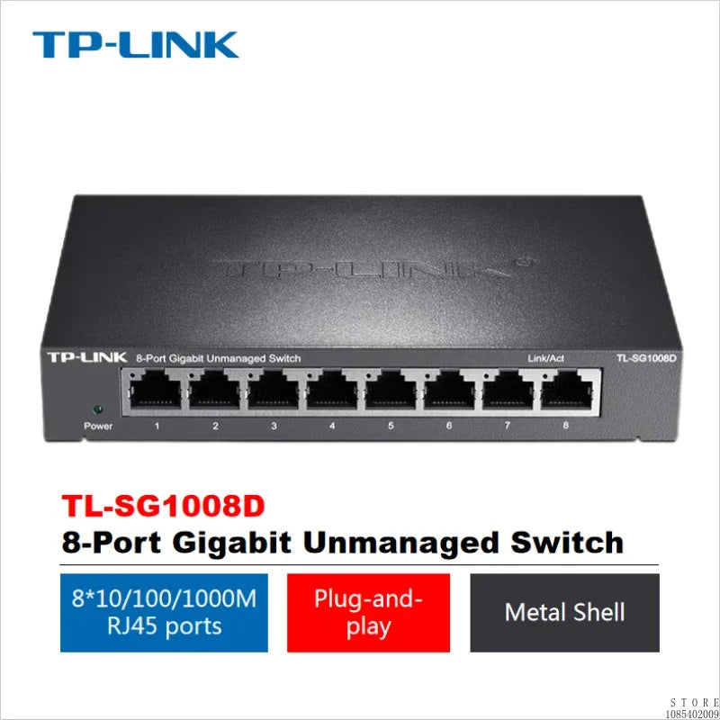 TP-LINK 1000 Mbps 8 Port Gigabit Switch 8 Ports 1000Mbps, Unmanaged Plug and Play TL-SG1008D
