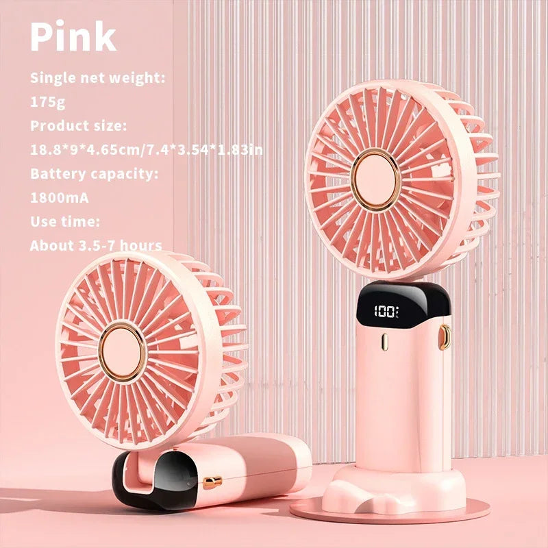 Handheld Mini Fan 3000mAh Foldable Portable Desk Outdoor Neck Hanging 5 Speed ​​USB Rechargeable Fan Phone Stand Display Screen
