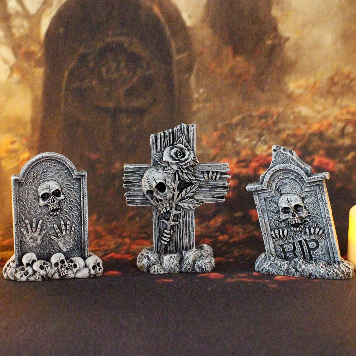 3-piece set of tombstone resin crafts, terrifying decorative statues in courtyard gardens, Halloween decorative statues, bonsai