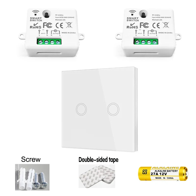 Wireless RF Smart Light Wall Switch with Remote Control Touch Wall Panel Mini Relay Receiver 110V 220V 10A (inlude battery)