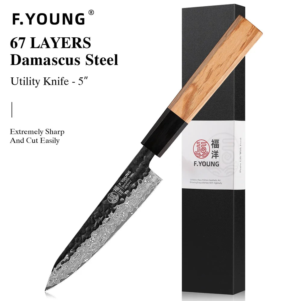 Dao Bếp Nhật F.YOUNG Rèn Tay Thép Damascus Cao Cấp