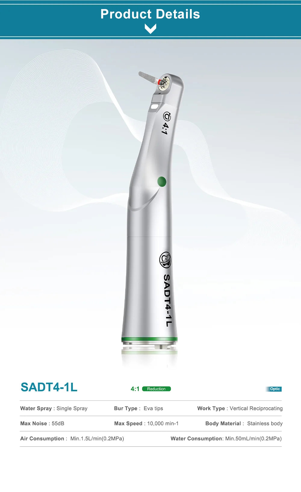 AI DENTAL Smile Series SADT4-1L Dental 4:1 Reduction Low Speed Handpiece/Set Vertical Reciprocating Single Spray for ADT Tips - Daisan Mart
