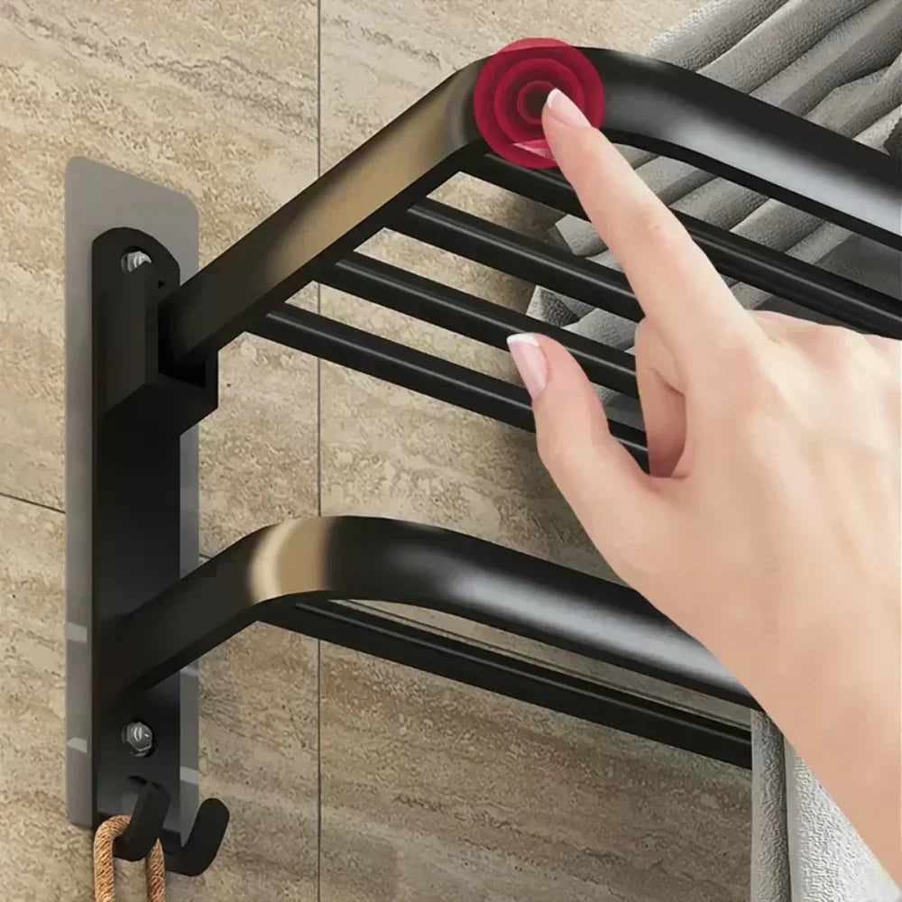 40/50/60CM No Drilling Towel Rack Fold Self-adhesive Wall Hanger Rail Bracket Black Aluminum Shower Bathroom Accessories Holder
