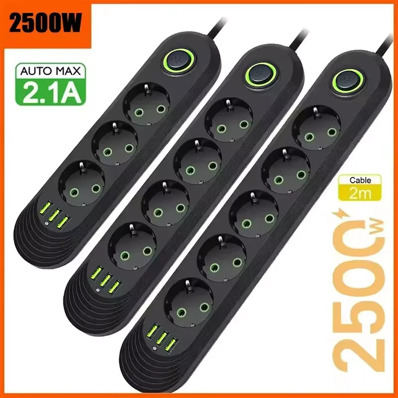 Ổ Cắm Điện EU 2500W 2M, 3USB Sạc Nhanh & Dây Dài
