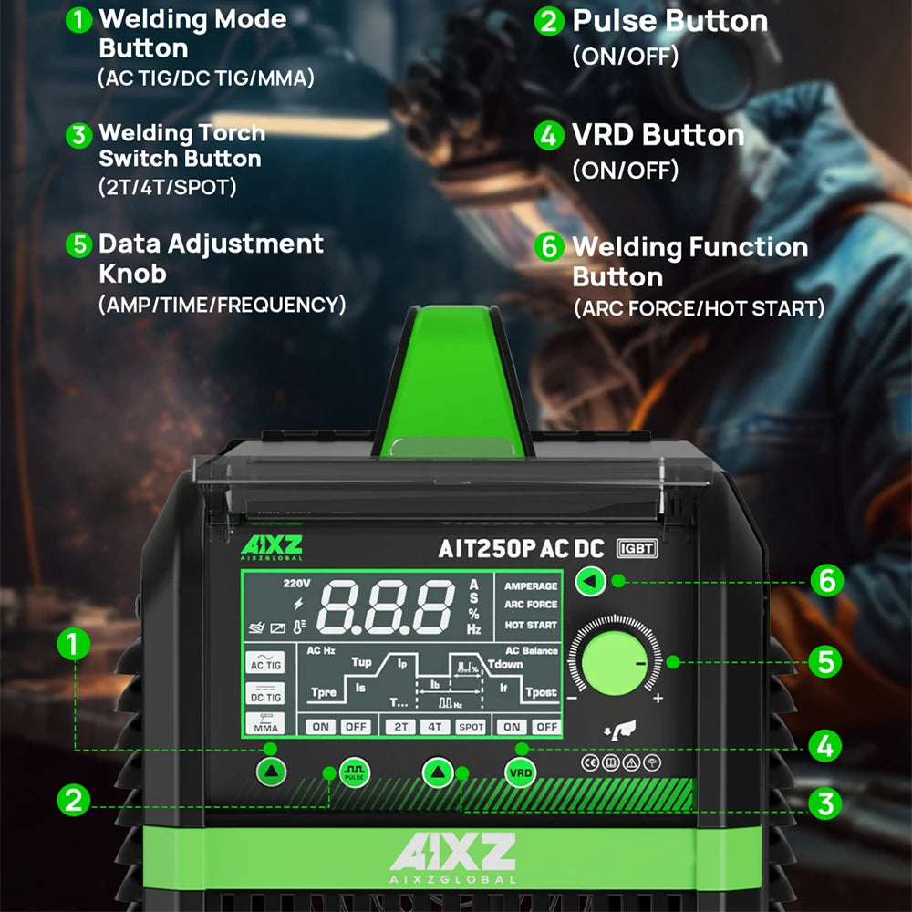 AIXZ 5 in 1 HF TIG AC/DC Aluminum Welding Machine MMA ARC Argon Precise Digital Pulse 2T/4T TIG Welder Stainless IGBT Inverter - Daisan Mart