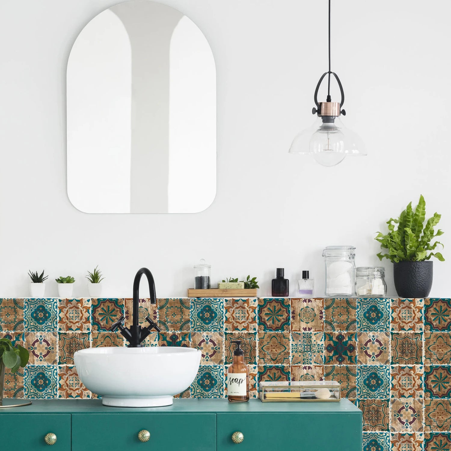 24 Pieces of Moroccan Style PVC Waterproof Self-Adhesive Wall Stickers, Peel and Stick on Living Room and Bedroom Tile Stickers