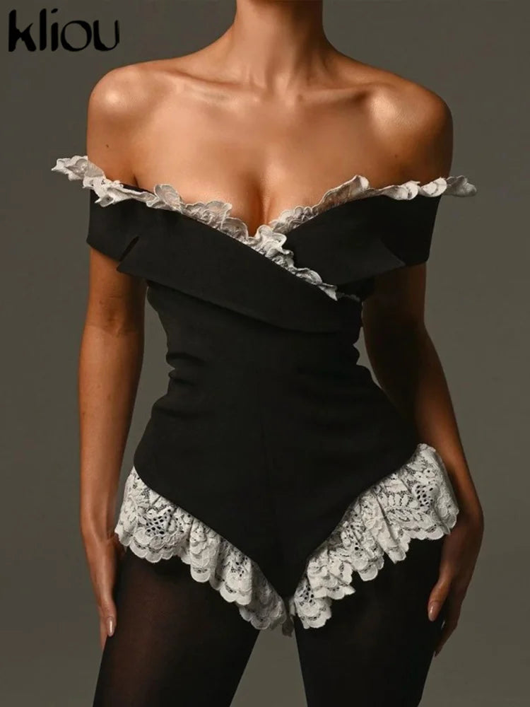 Kliou Women's Bodysuit Mesh Lace Off-the-Shoulder Fashion